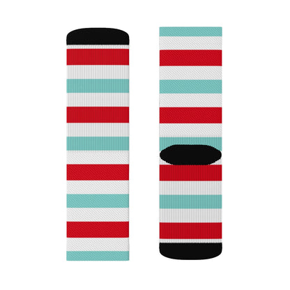 Candy Cane Socks, Aqua Blue Red White Horizontal Stripes Christmas 3D Printed Sublimation Women Men Fun Cool Funky Casual Unique Starcove Fashion