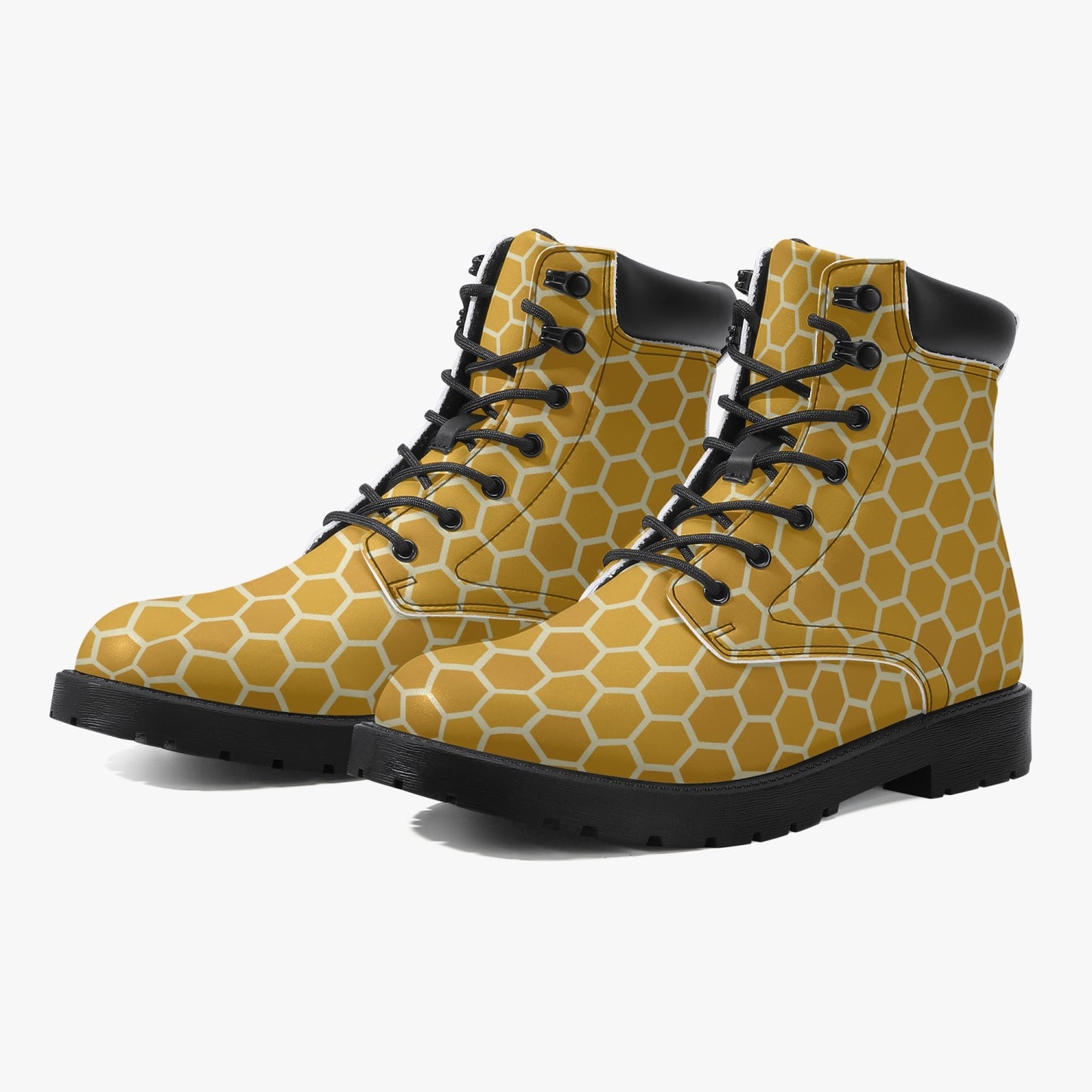 Honeycomb Bee Leather Boots, Beekeeper Mom Lace Up Men Women Casual Shoes Festival Print Black Ankle Combat Hiking Work Winter Custom Gift Starcove Fashion