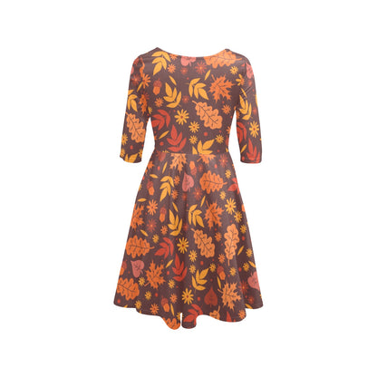 Fall Leaves Half Sleeve Skater Midi Dress, Brown Autumn Cottagecore Print Swing Evening Cocktail Party Cute Handmade Sexy Women