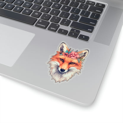 Fox Head Sticker, Floral Animal Art Laptop Decal Vinyl Cute Waterbottle Tumbler Car Waterproof Bumper Aesthetic Die Cut Wall Clear