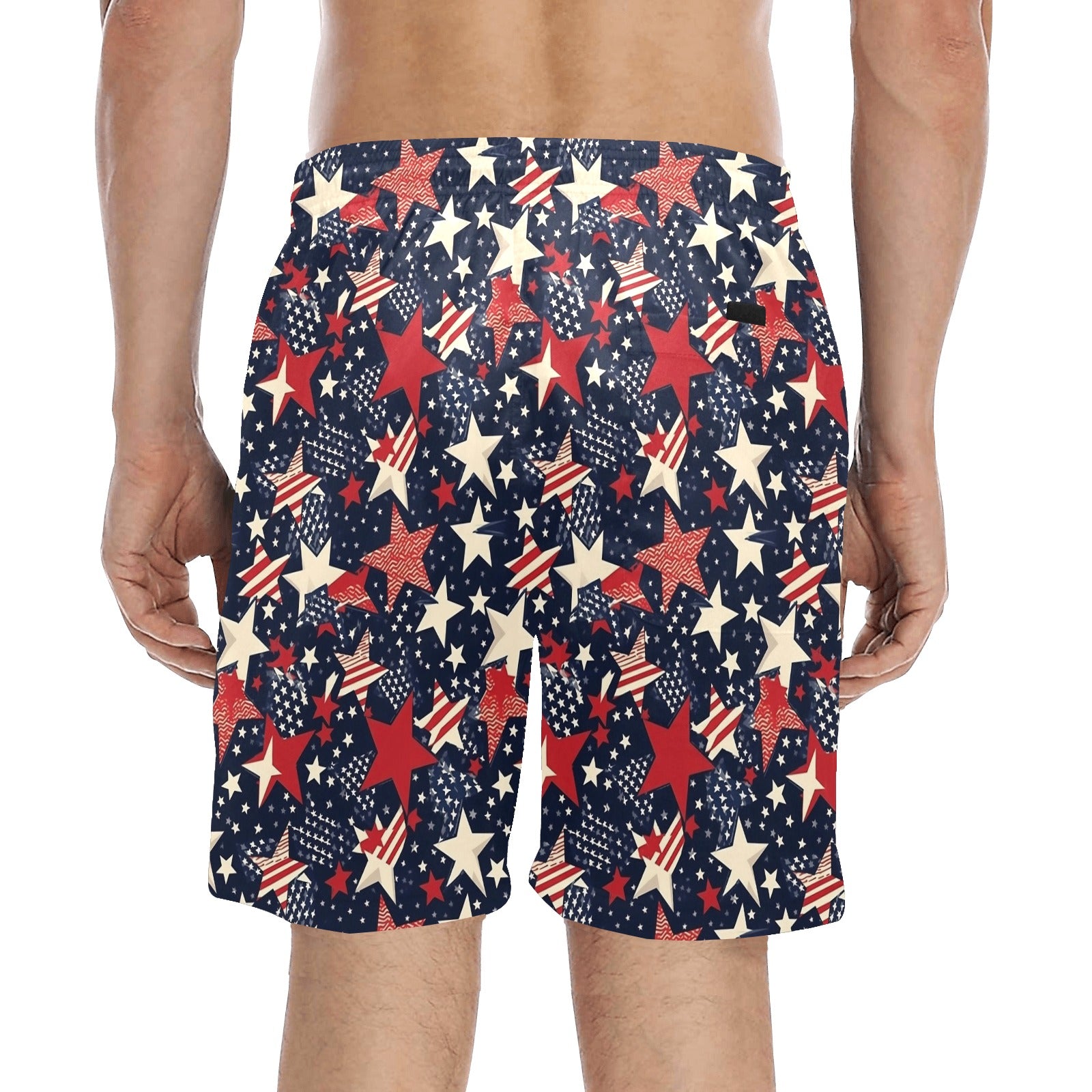 American Flag Men Swim Trunks, Stars Stripes Red White Blue Shorts USA Beach Pockets Mesh Drawstring 4th of July Bathing Suit Plus Size Starcove Fashion