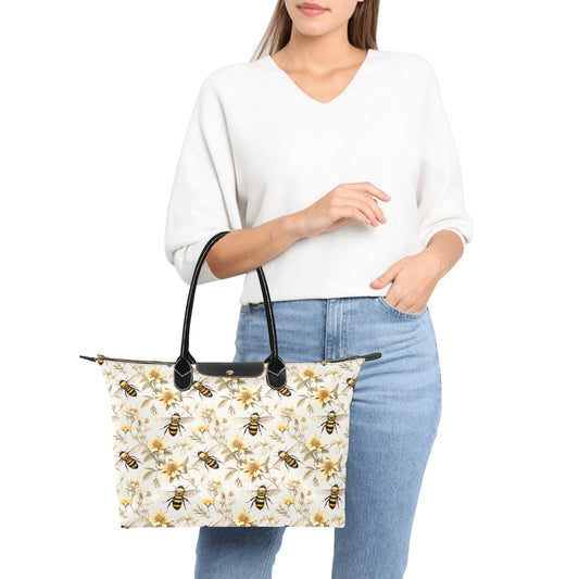 Bumble Bee Floral Purse Handbag Women, Flowers White Print Canvas and Leather Tote Designer Accessory Bag Gift