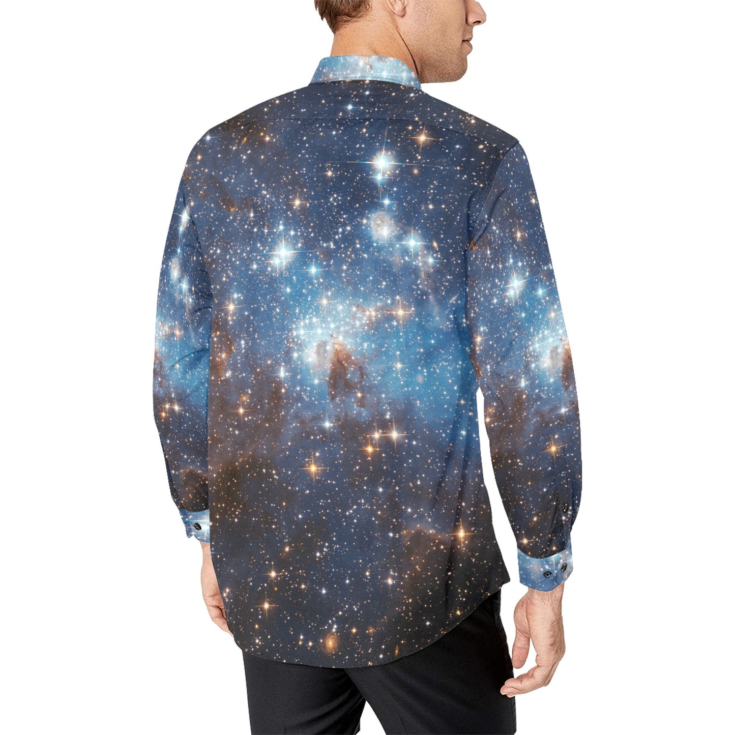 Galaxy Long Sleeve Men Button Up Shirt, Space Themed Stars Universe Cosmos Print Unique Buttoned Collar Dress Shirt with Chest Pocket Starcove Fashion