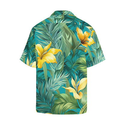 Tropical Leaves Men Hawaiian shirt, Green Yellow Flowers Vintage Aloha Hawaii Retro Summer Tropical Beach Plus Size Cool Button Down Shirt Starcove Fashion