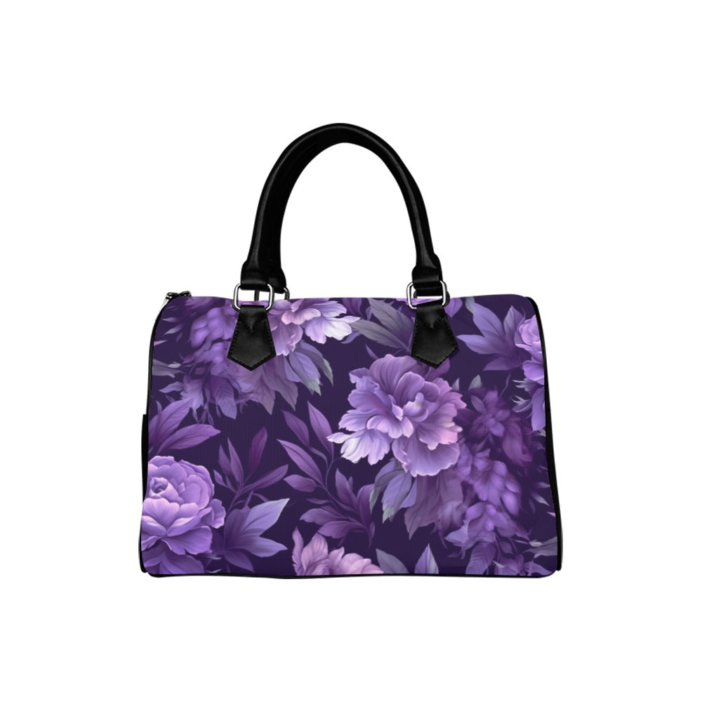 Dark Purple Floral Print Handbag Purse, Cute Flowers Art Top Zipper Canvas Leather Top Handle Barrel Type Women Designer Ladies Starcove Fashion