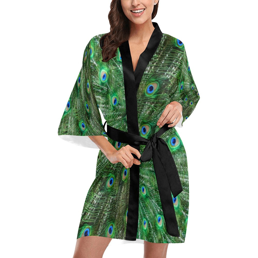 Peacock Kimono Robe, Feather Print Green Peignoir Japanese Women Short Sleeve Lounge Sleepwear Bathrobe Gift Wife Starcove Fashion