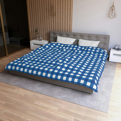 Blue Gingham Duvet Cover, White Buffalo Checks Bedding Queen King Full Twin XL Microfiber Unique Designer Bed Quilt Bedroom Decor