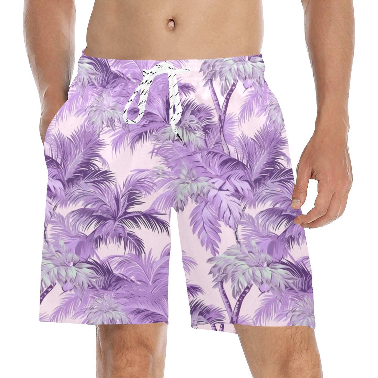 Lavender Men Mid Length Shorts, Palm Tree Lilac Purple Beach Swim Trunks Front Back Pockets Mesh Drawstring Boys Casual Bathing Suit Summer Starcove Fashion