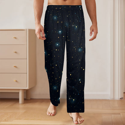 Constellation Men Pajamas Pants, Universe Cosmos Galaxy Space Satin PJ Pockets Sleep Lounge Trousers Couples Matching Trousers Bottoms