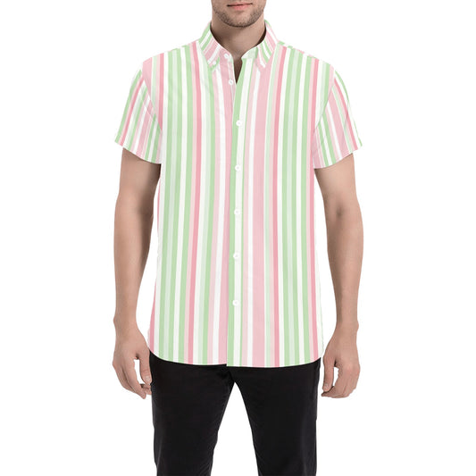 Pink Green Striped Short Sleeve Men Button Down Shirt, Vertical Stripes Vintage Retro Print Casual Buttoned Summer Dress Collared Shirt