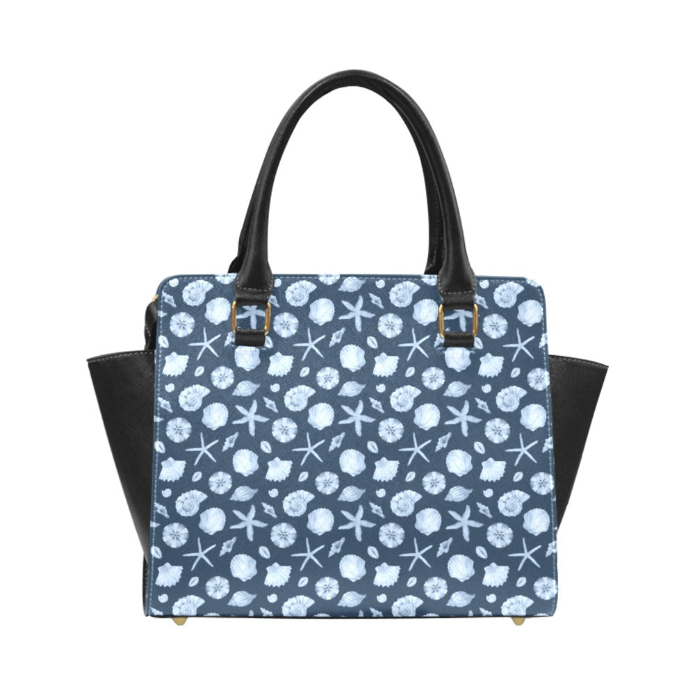 Sea Shells Purse Handbag, Cute Ocean Beach Print Blue Vegan Leather Designer Women Gift Satchel Top Zip Handle Bag Shoulder Strap Starcove Fashion