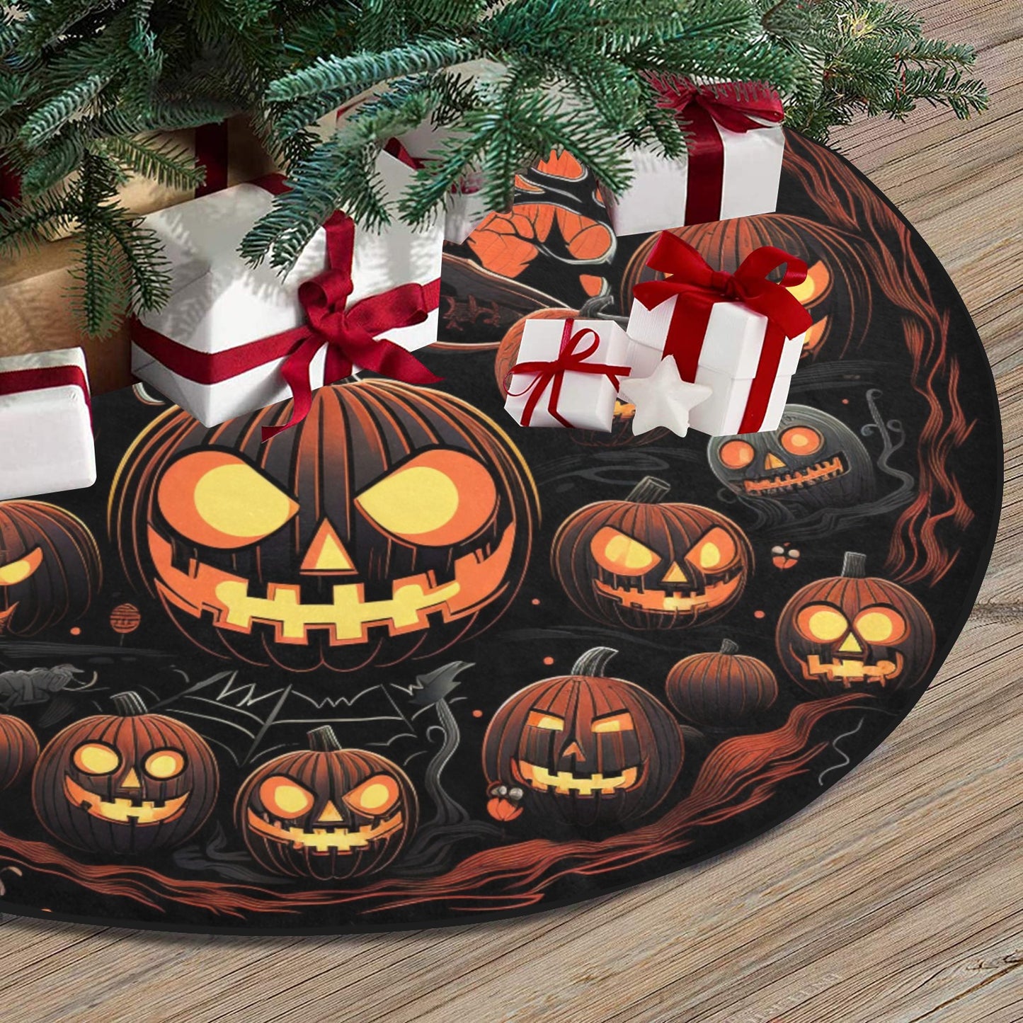 Orange Black Halloween Tree Skirt, Jack O Lantern Pumpkin Christmas Stand Base Cover Decor Decoration All Hallows Eve Creepy Spooky Party