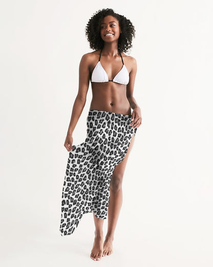 Snow Leopard Print Swim Cover Up Women, Black White Wrap Front Sarong Bikini Bathing Suit Beach Sexy Long Flowy Skirt Coverup Starcove Fashion