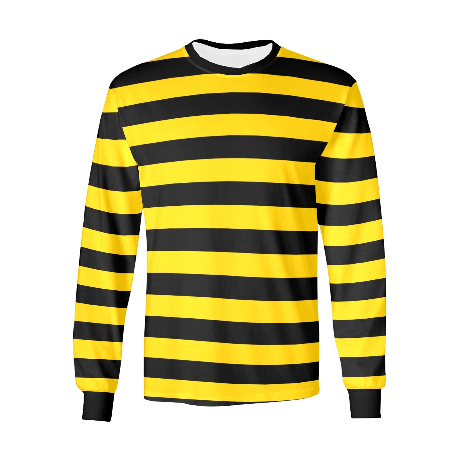 Black and Yellow Striped Men Long Sleeve TShirt, Vintage Retro Stripe Bee Costume Stripes Crewneck Unisex Women Designer Tee Starcove Fashion