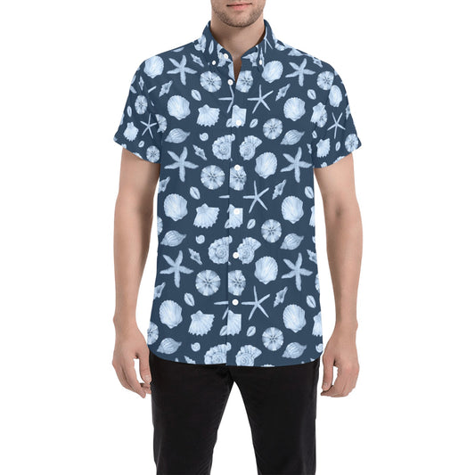 Blue Ocean Short Sleeve Men Button Up Shirt, Beach Blue Sea Shells Star Fish Print Casual Buttoned Down Summer Dress Plus Size Shirt
