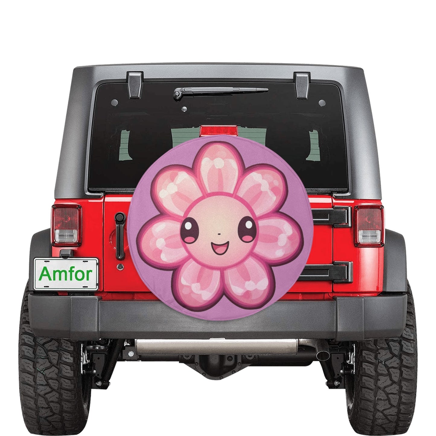 Happy Flower Spare Tire Cover, Pink Smiling Face Kawaii Floral Wheel Accessories Custom Unique Design Backup Camera Hole Trailer Back Women Starcove Fashion