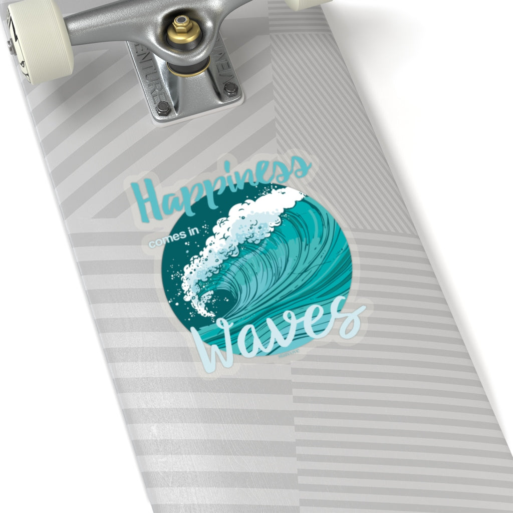 Happiness Comes In Waves Sticker, Ocean Sea Beach Teal Laptop Decal Vinyl Cute Waterbottle Car Bumper Aesthetic Label Wall Mural Starcove Fashion