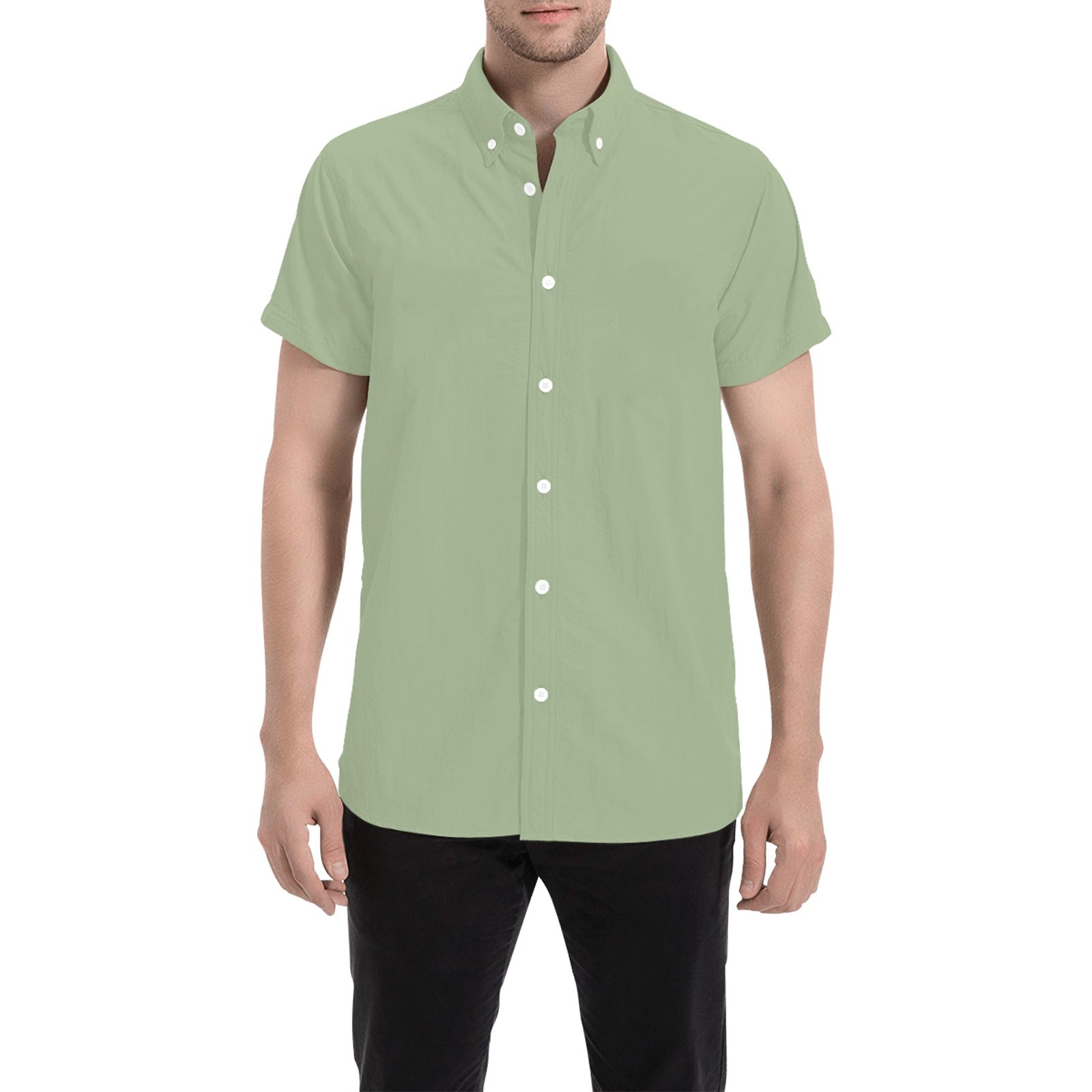 Sage Green Short Sleeve Men Button Down Shirt, Olive Solid Color Print Casual Buttoned Summer Dress Collared Plus Size S