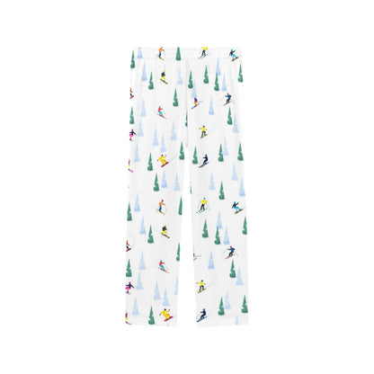 Ski Women Pajamas Pants, Snowboard Skier Pine Trees Snow Winter Sports Satin PJ Funny Pockets Trousers Couples Matching Ladies Bottoms