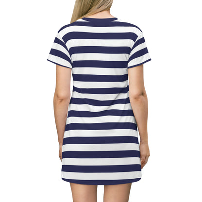 Blue White Striped Tshirt Dress, Navy Women Summer Beach Cute Festival Party Casual Designer Short Sleeve Girls Tee