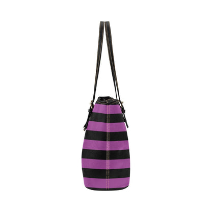 Black Purple Striped Tote Bag Purse, Stripe Vegan Leather Small Large Handbag Zip on Top Designer Handmade Shoulder Ladies Women