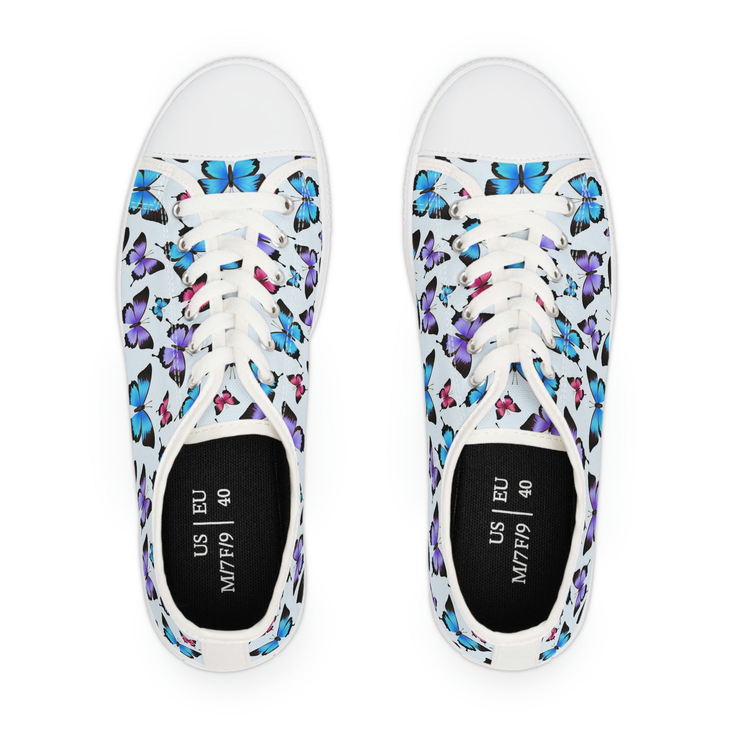 Butterfly Women Shoes, Monarch Blue Sneakers Canvas White Low Top Lace Up Custom Girls Aesthetic Flat Shoes
