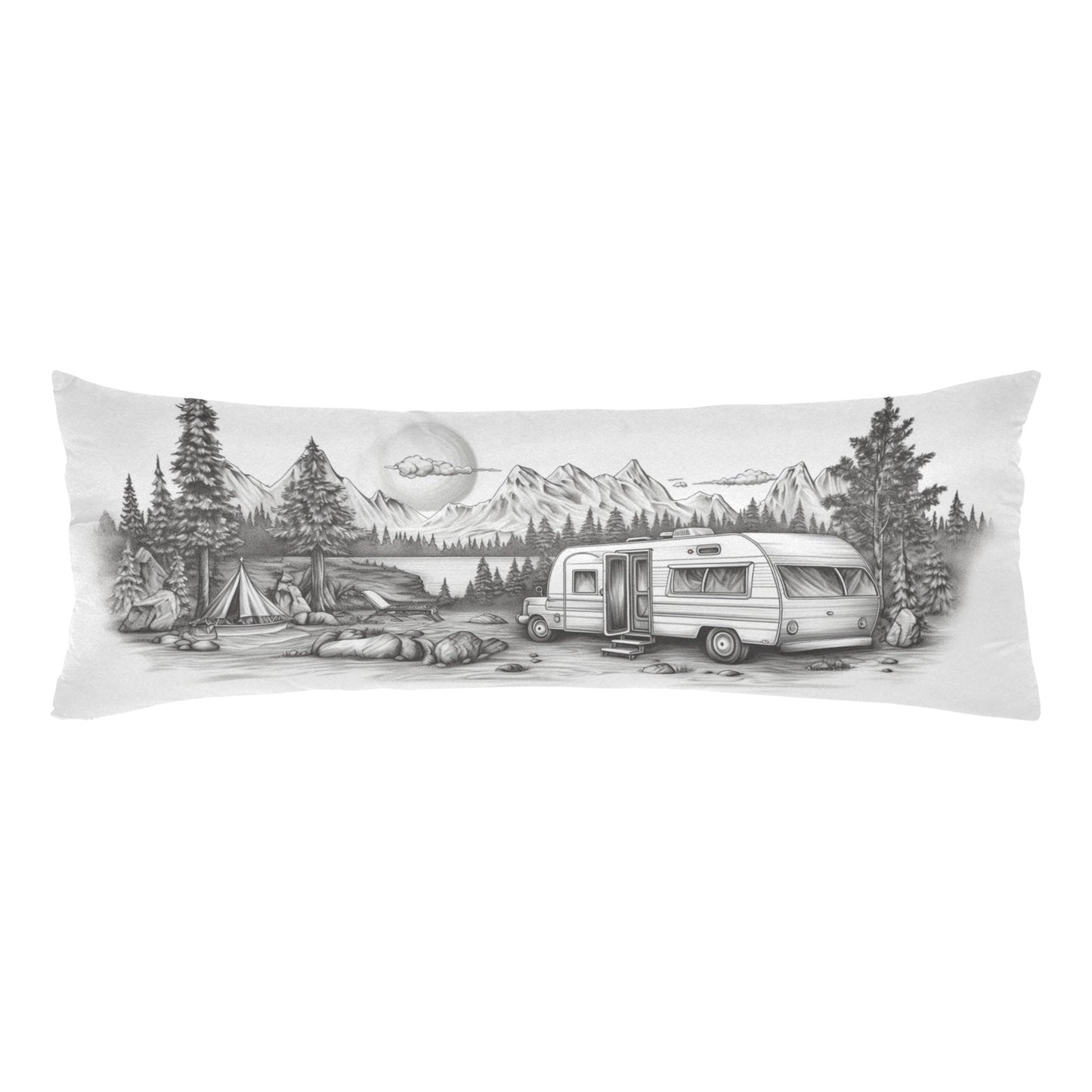 Camping Body Pillow Case, Mountains Outdoor Camper RV Black White Long Large Bed Accent Print Throw Decor Decorative Cover 20x54 Zipper