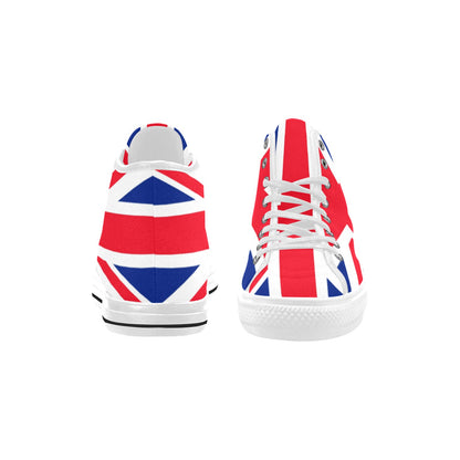 British Flag Women High Top Shoes, Union Jack Red White Blue United Kingdom Lace Up Sneakers Footwear Canvas Streetwear Girls Designer