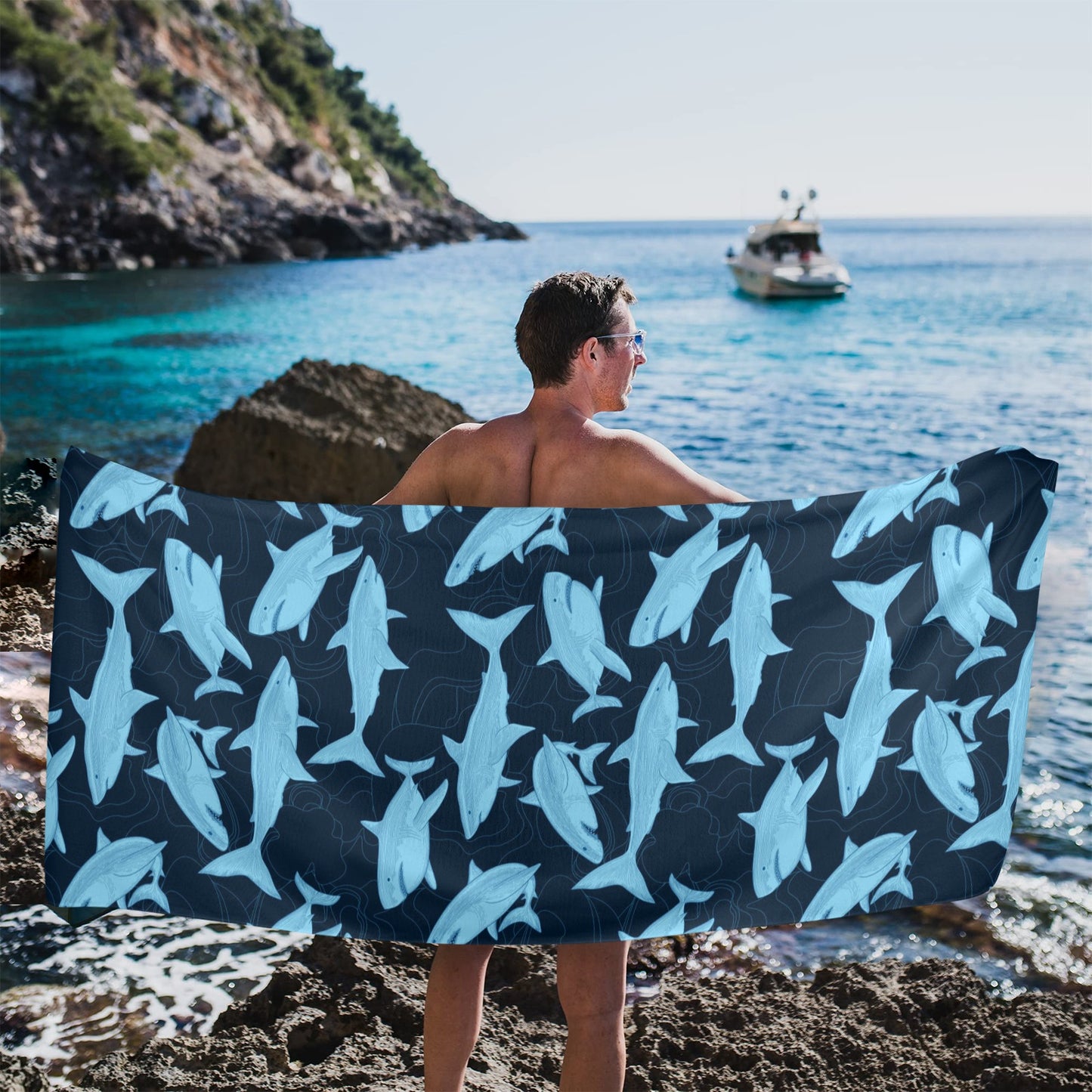 Great White Shark Oversized Beach Towel, Ocean Sea Navy Blue Pool Microfiber Extra Large Swim Quick Dry Surf Designer Men Women XL Cotton Starcove Fashion