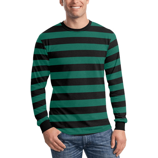 Black and Green Men Long Sleeve Striped TShirt, Graphic Vintage Retro Broad Stripes Crewneck Unisex Women Designer Male Guys Tee