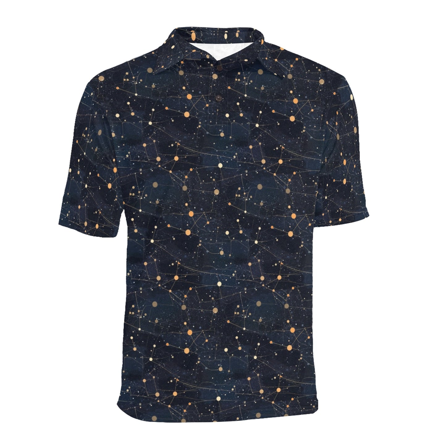 Constellation Men Polo Collared Shirt, Space Universe Pattern Casual Summer Buttoned Down Up Shirt Short Sleeve Sports Golf Tee Starcove Fashion