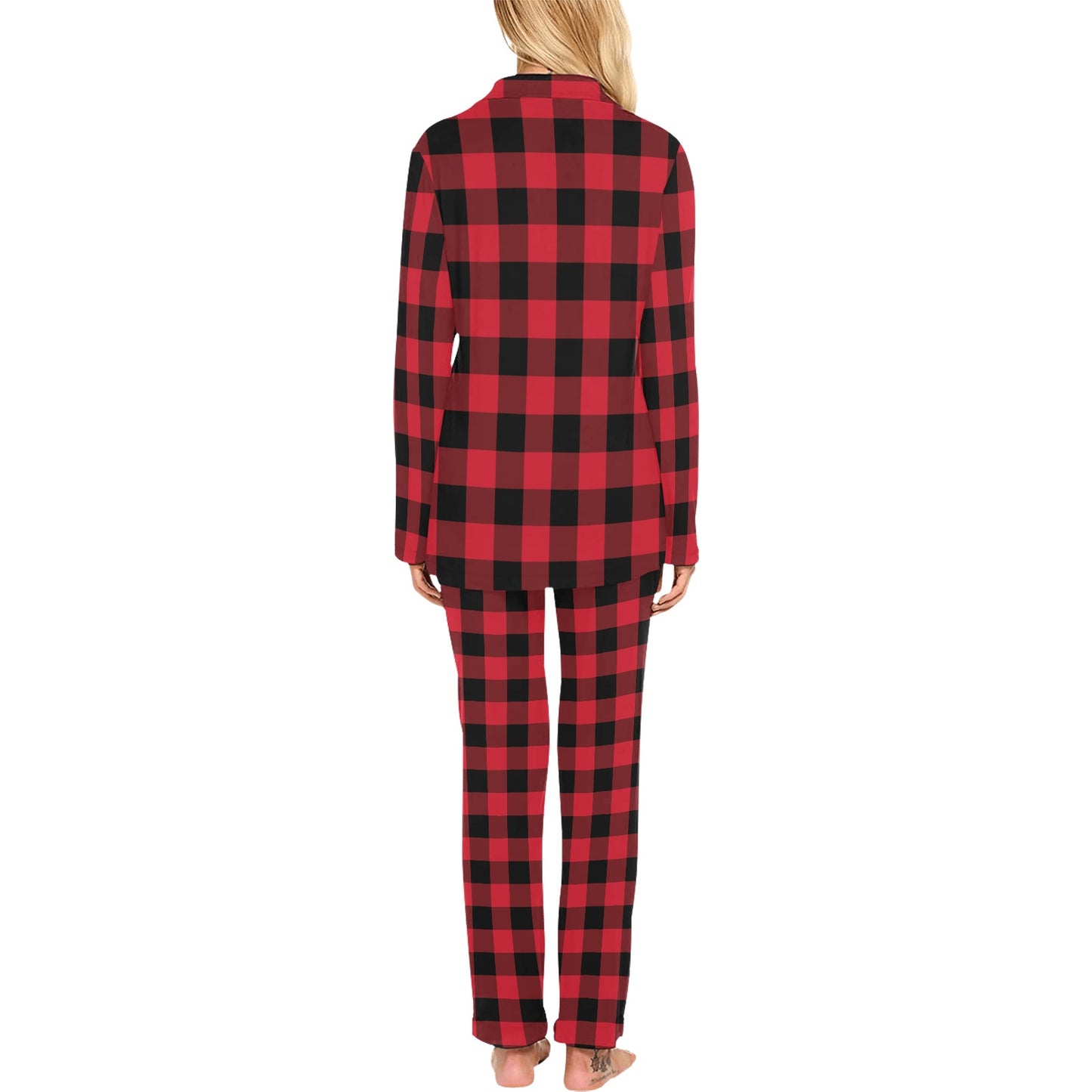 Red Buffalo Plaid Women Pajama Set, 2 Piece Pants Top PJ Checkered Winter Christmas Holiday Plaid Xmas Check Cozy Sleep Sleepwear Gift