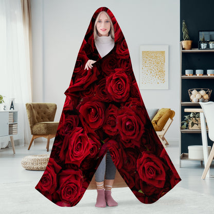 Red Roses Hooded Blanket, Flowers Sherpa Fleece Soft Fluffy Warm Adult Men Women Kids Large Wearable Hood Valentine's Day Gift Starcove Fashion