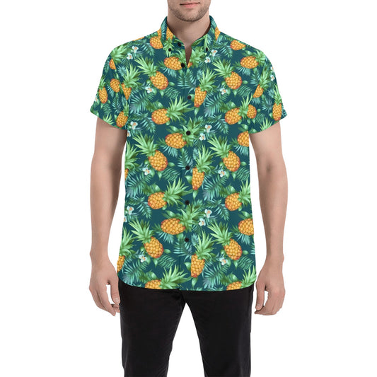 Pineapple Short Sleeve Men Button Up Shirt, Green Tropical Leaves Flowers Print Casual Buttoned Down Summer Casual Dress Plus Size Collared