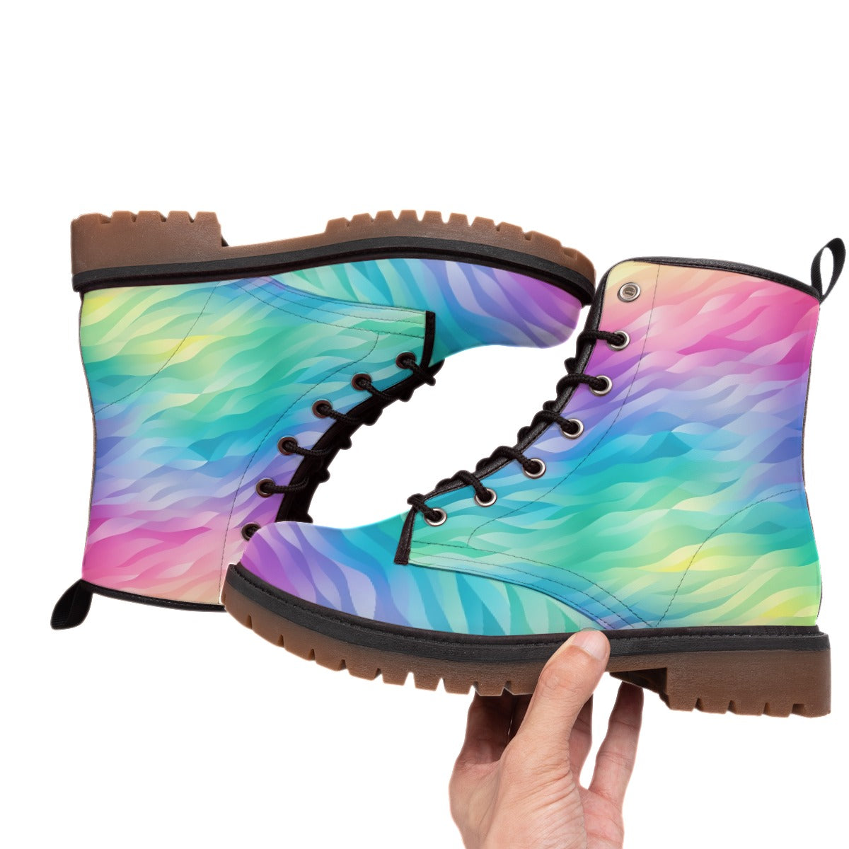 Rainbow Women Leather Boots, Ombre Tie Dye Gradient Vegan Lace Up Shoes Hiking Festival Ankle Combat Work Winter Custom Ladies