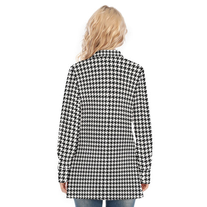 Houndstooth Long Sleeve Shirt Women, Black White Button Up Ladies Blouse Print Buttoned Down Collared Casual Dress Going Out Top