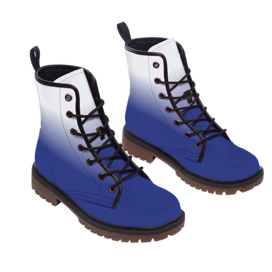 Royal Blue Ombre Women Leather Boots, Tie Dye Lace Up Shoes Hiking Designer Festival Black Ankle Combat Work Winter Casual Custom Gift Starcove Fashion