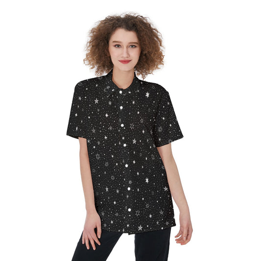 Stars Shirt Women, Black White Space Galaxy Button Up Ladies Blouse Print Buttoned Short Sleeve Down Collared Casual Dress Top