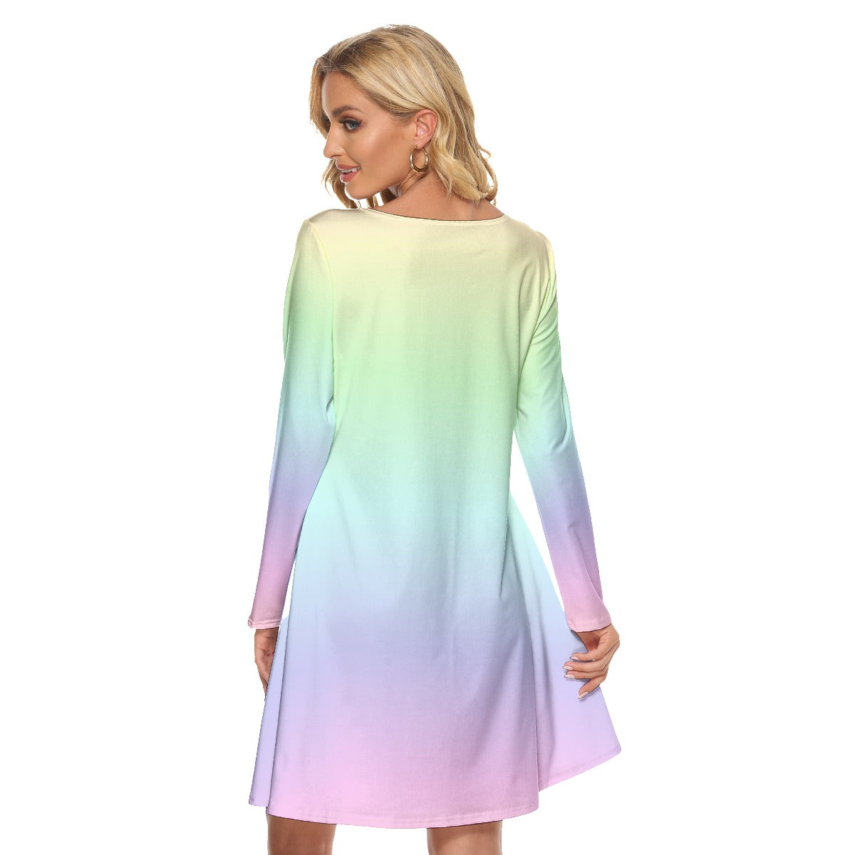 pastel long sleeve dress Pastel Rainbow Women's Crew Neck Dress Long Sleeve, Summer Cocktail Mini Cute Handmade Designer Dres M / White