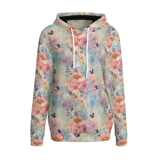 Pink Flowers Women Pullover Hoodie, Floral Boho Butterfly Aesthetic Graphic Hooded Long Sleeve Cotton Ladies Plus Size Sweatshirt Pockets Starcove Fashion