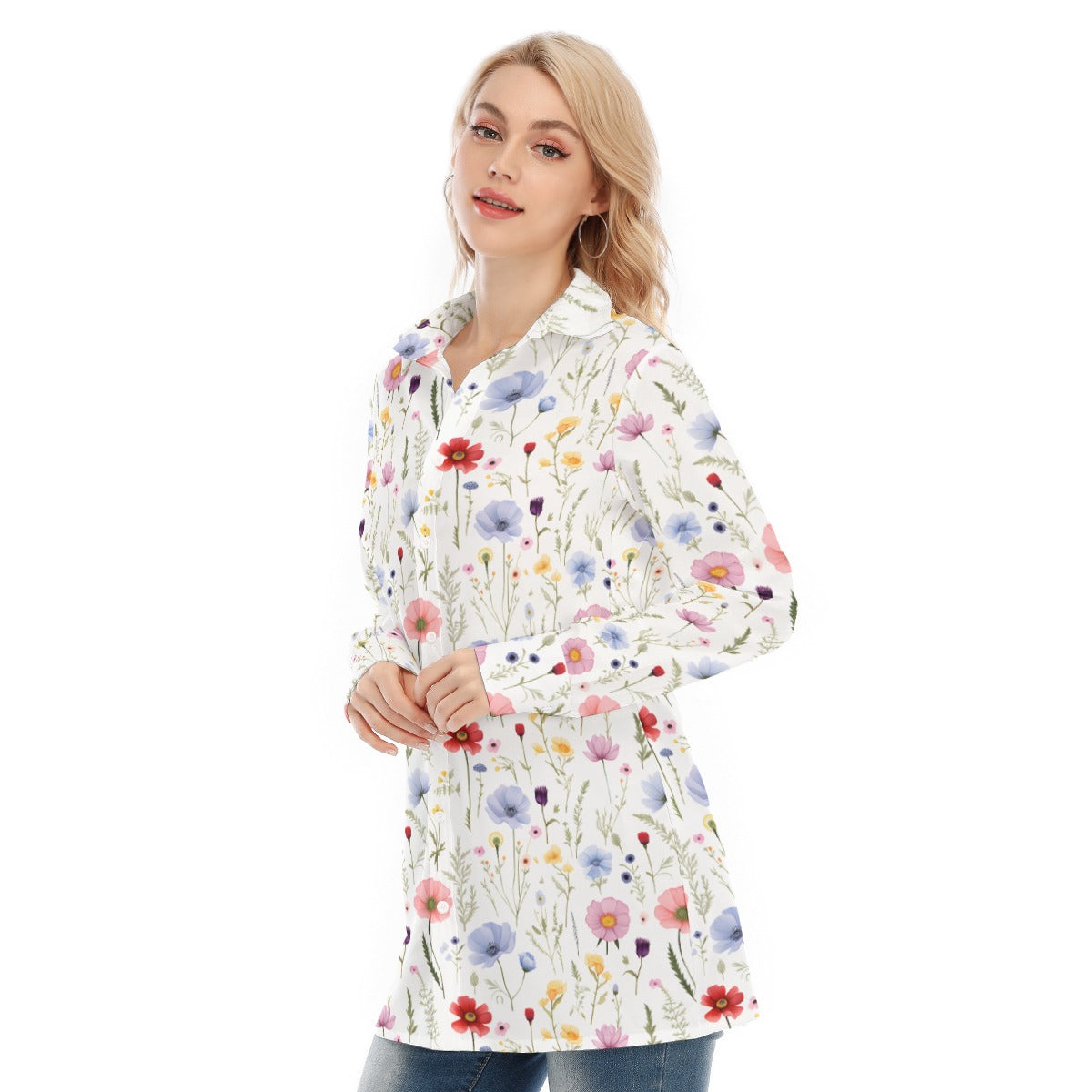 Wildflowers Long Sleeve Shirt Women Shirt, Floral White Button Up Ladies Blouse Print Buttoned Down Collared Casual Dress Going Out Top