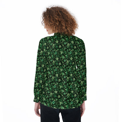 Emerald Green Floral Long Sleeve Shirt Women, Button Up Ladies Blouse Print Buttoned Down Collared Casual Dress Top Starcove Fashion