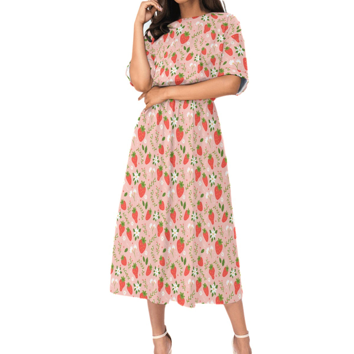 Strawberry Women Maxi Dress, Pink Floral Elastic Waist Long Ankle Length Boho Short Sleeve Casual Summer Fruit Cute Designer Starcove Fashion