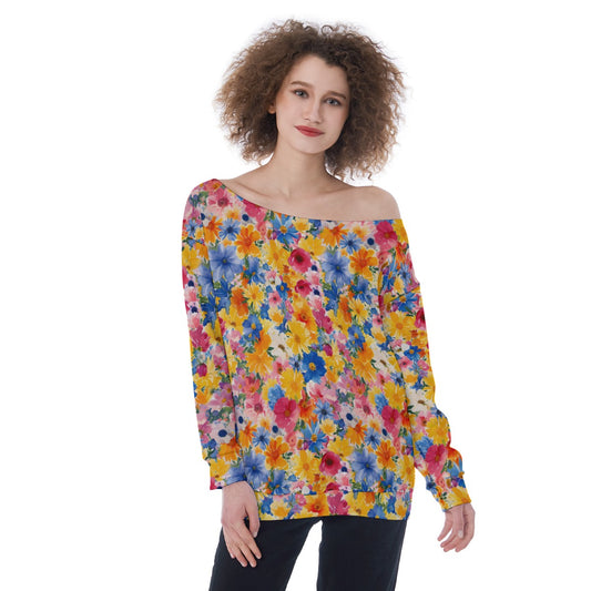 Floral Watercolor Off the Shoulder Sweatshirt Women, Flowers Long Sleeve Sweater Oversized Designer Aesthetic Crewneck Plus Size slouch