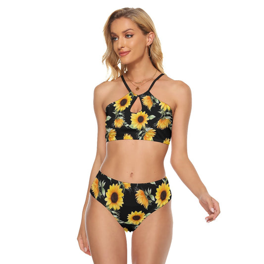 Sunflower Women Cami Keyhole Bikini Set, Black Floral Flowers Cheeky Bottom Bandeau Sexy String Two Piece Swimsuit Plus Size Starcove Fashion