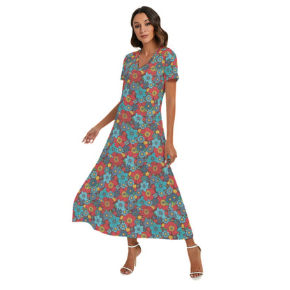 Retro Floral Women V-neck Maxi Dress With Side Slit Ankle Length, Vintage Blue Red Flowers Boho Short Sleeve Casual Summer Cute Designer Starcove Fashion