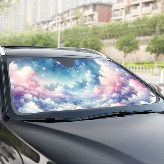 Pastel Clouds Car Sun Shade, Watercolor Starry Sky Front Windshield Coverings Blocker Auto Protector Window Visor Screen Cover Men Women
