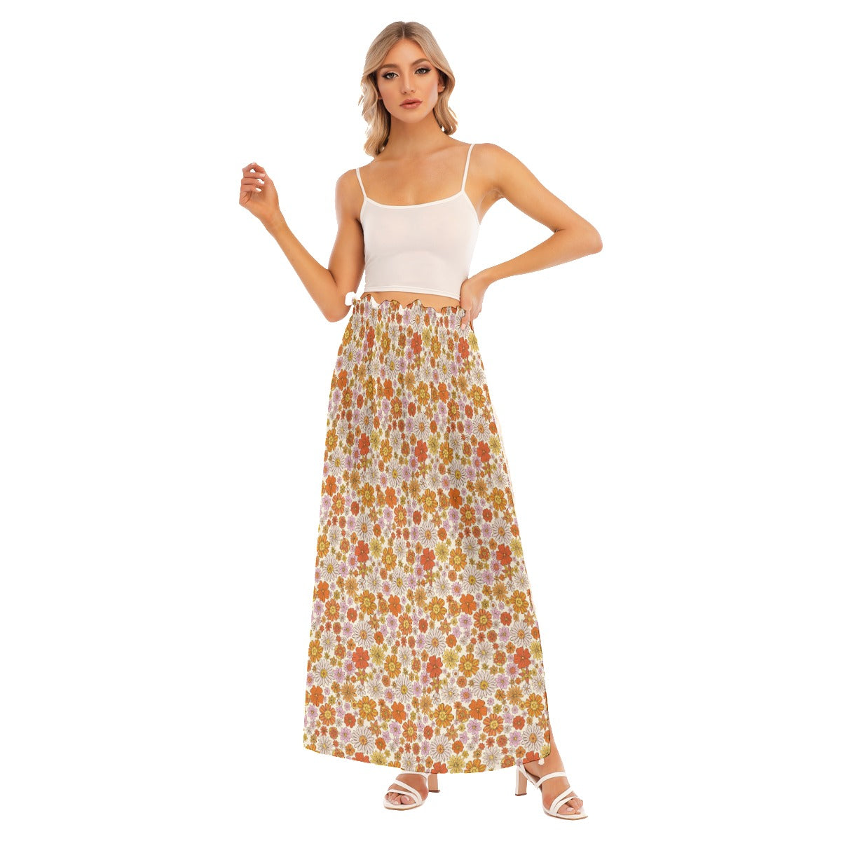 Retro Floral Women's Maxi Long Skirt with Slit, Flowy A Line Fringe Chiffon Boho Vintage Pink Pastel High Waisted Summer Designer Starcove Fashion