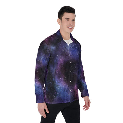 Galaxy Long Sleeve Men Button Up Shirt, Space Stars Print Dress Buttoned Collar Plus Size Shirt with Chest Pocket
