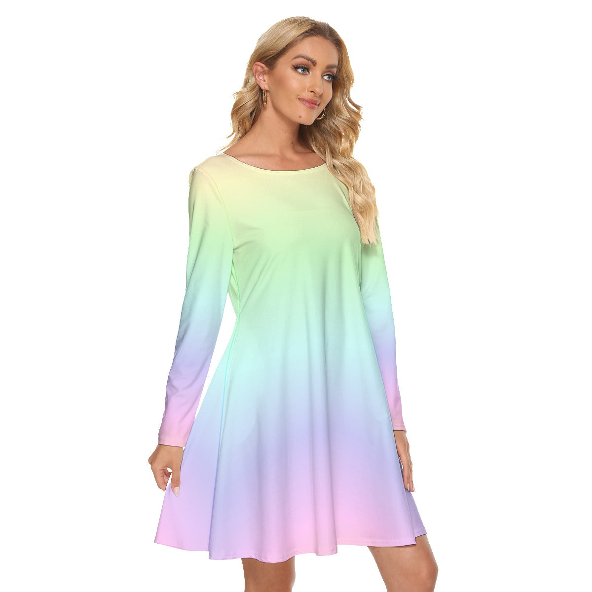 womens rainbow dress Pastel Rainbow Women's Crew Neck Dress Long Sleeve, Summer Cocktail Mini Cute Handmade Designer Dres M / White